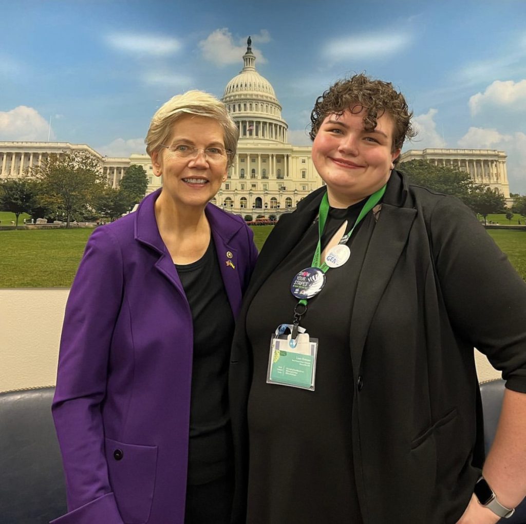 2021 YARR Leadership Academy graduate Laura Romano and Senator Elizabeth Warren at the Capitol