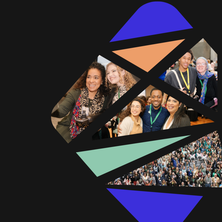 Diamond graphic filled with photos of advocates